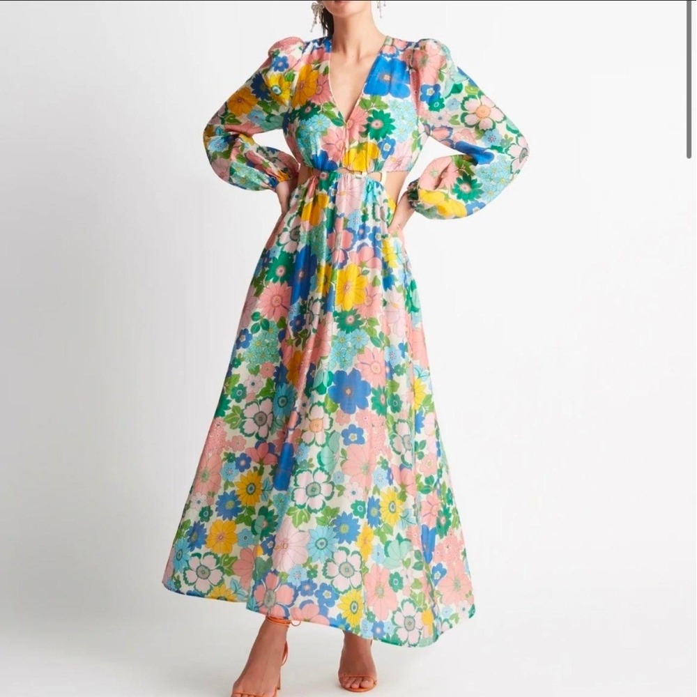 New SHEIKE Free Spirit Maxi Dress Floral Cutout Ring Detail Retro 70s Size 8